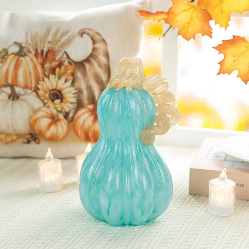 Glitzhome Fall Harvest Amber Dots Blue Round Glass Pumpkin Thanksgiving Home Accent - Tall