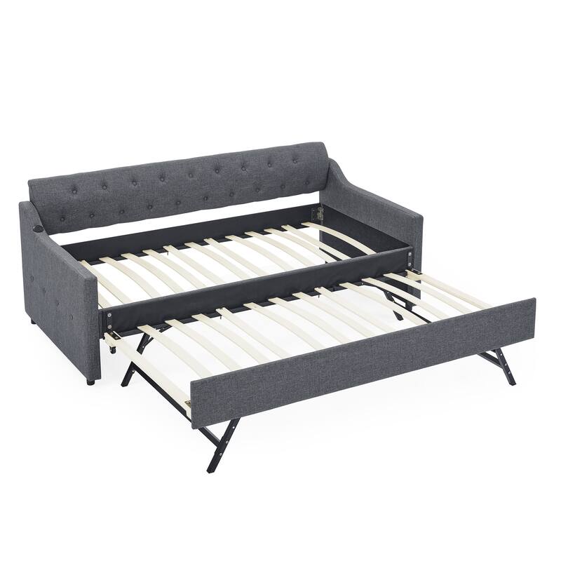 Roomfitters Twin Upholstered Daybed with Twin Pull-Out Trundle, USB Charging Port and Modern Linen Fabric