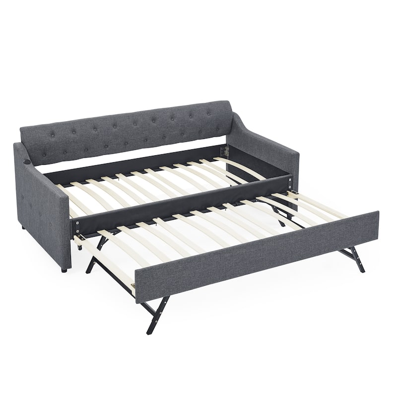 Twin Size Upholstery Daybed with Erectable Trundle & USB Design