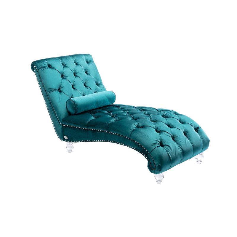 Velvet Tufted Chaise Lounge Chair Ergonomic S Shape Recliner with Pillow, Nailhead Trim and Acrylic Legs for Indoor Use