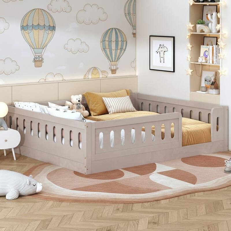 Floor Platform Bed with Guardrails by Harper&Bright Designs - Natural - Full