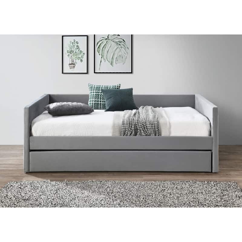 Stylish Velvet Daybed with Trundle, Square Arm Twin Day Bed - Grey
