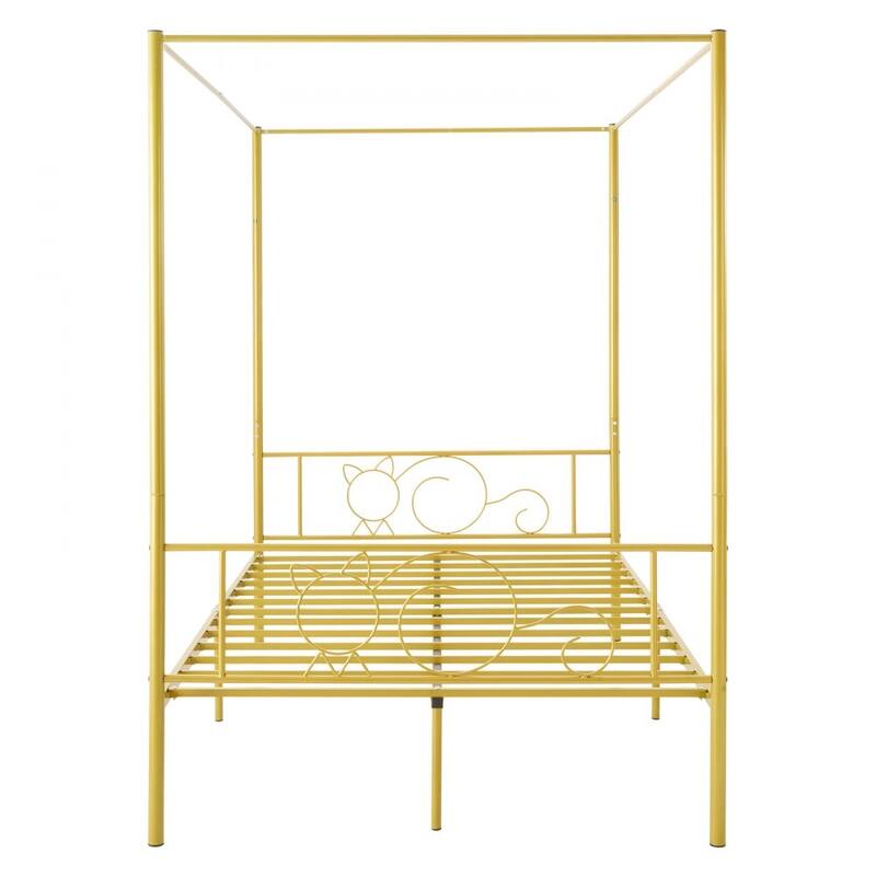 Gold Metal Full Canopy Bed Frame with Storage and DIY Decoration Rails