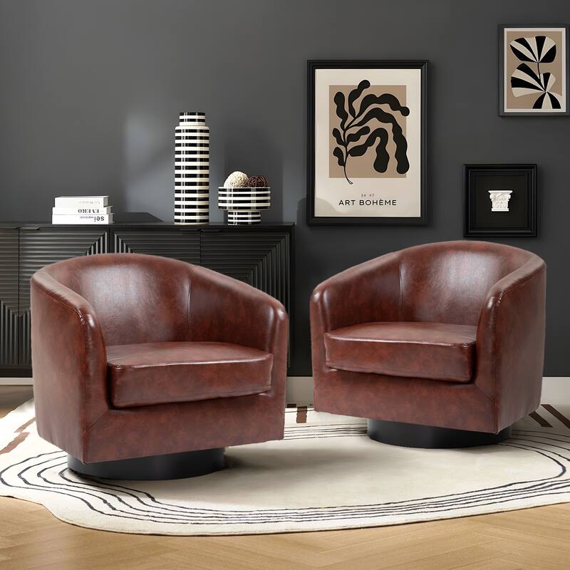 2 Set Modern Vegan Faux Leather Swivel Barrel Accent Chair