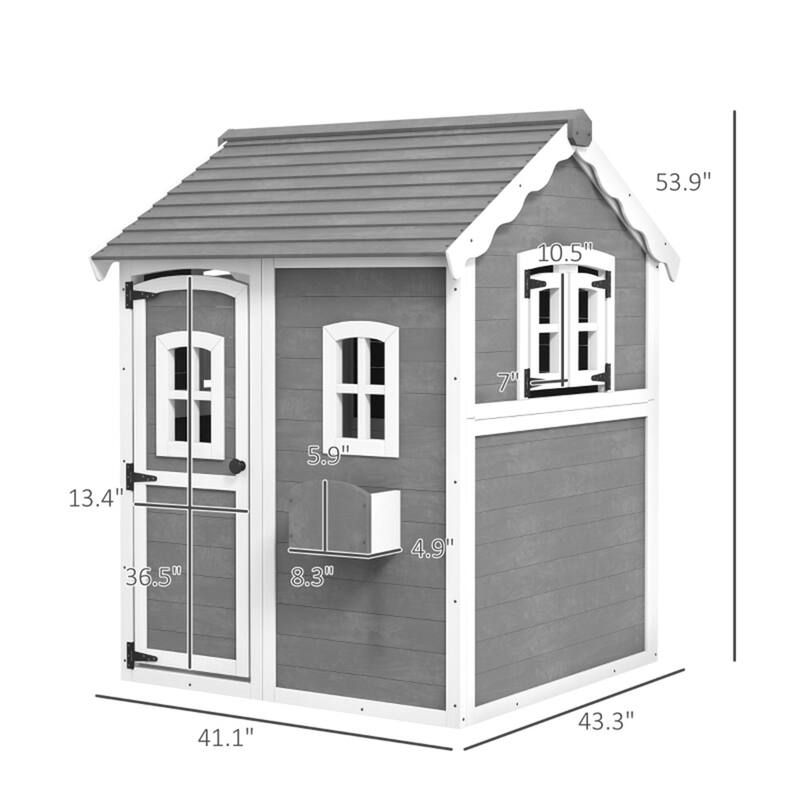 Gray Wooden Kids Outdoor Playhouse with Six Windows Plant Box and Floor for Backyard Fun Ages 3 to 8