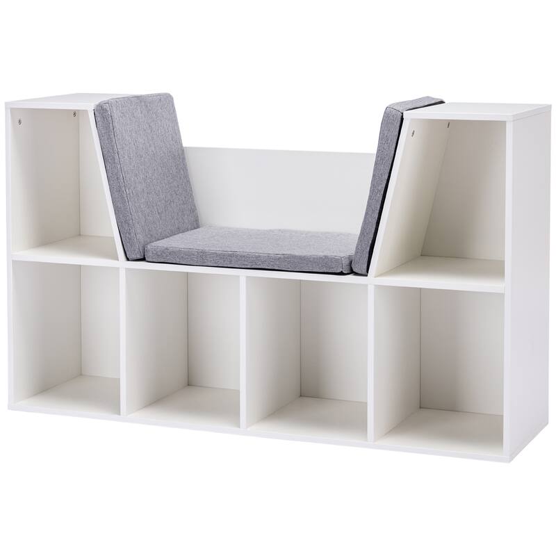 6-Cubby Kids Bookcase with Reading Nook and Cushion, Multi-Purpose Storage Organizer for Bedroom, Living Room, Pure White