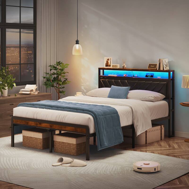 Queen Size Metal Platform Bed with Adjustable Upholstered Headboard, LED Lights, and Charging Station