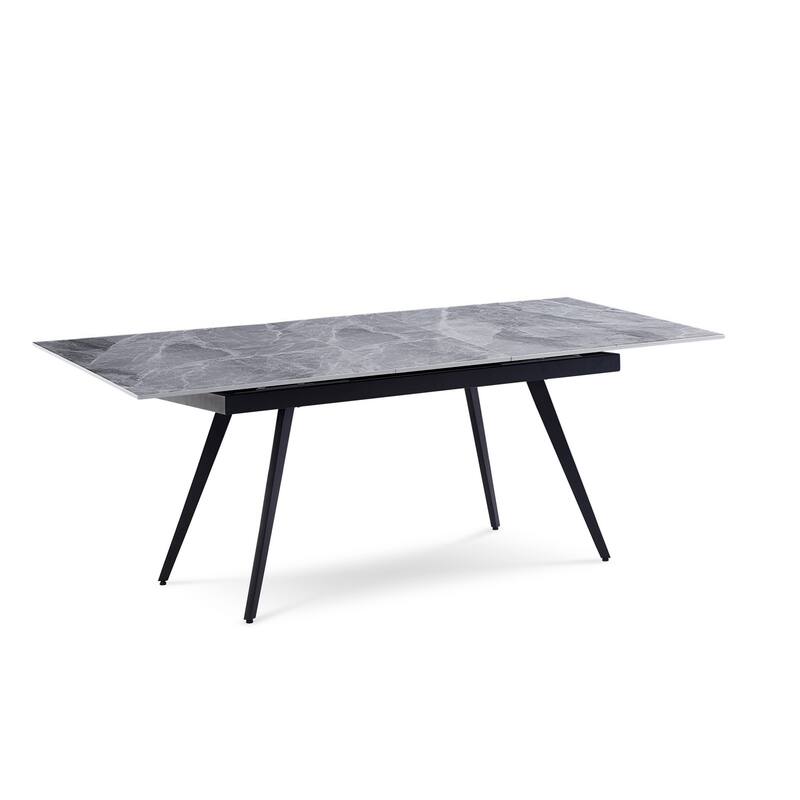 79 Inch Extendable Modern Dining Table, Textured Stone Surface, Warm Gray