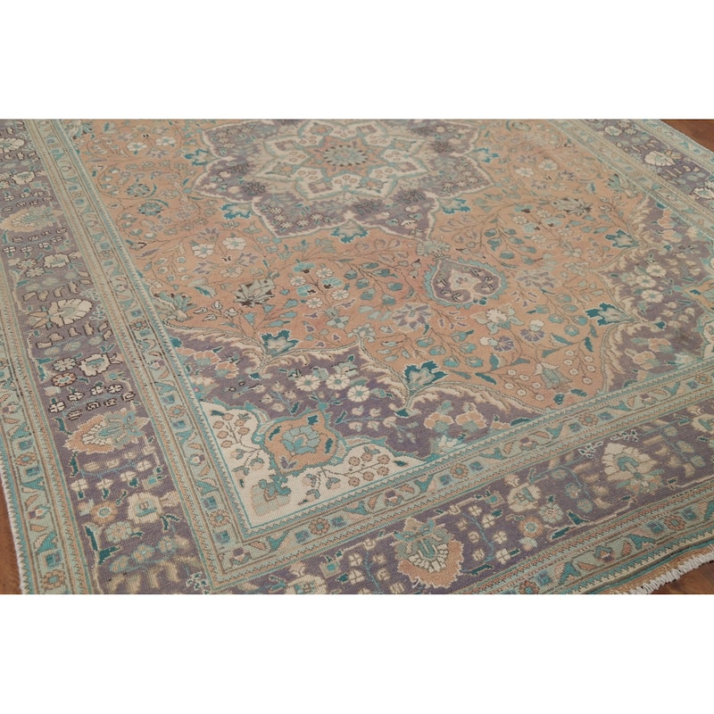 Distressed Tabriz Persian Vintage Rug Hand-Knotted Peach Wool Carpet - 7'10"x 10'8"
