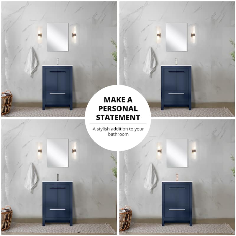 24" White Bathroom Vanity with Cultured Marble Countertop, Soft-Close Storage, 18" Mirror Included