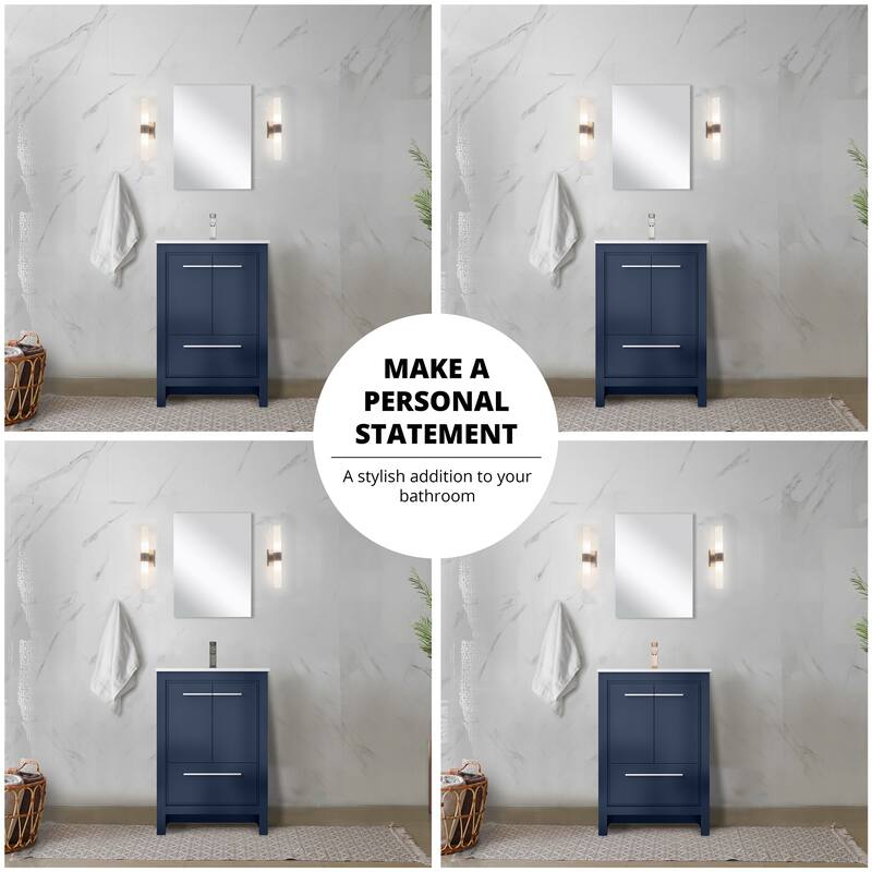 24 in. White Vanity with Quartz Top, Rose Gold Faucet, and 18 in. Mirror - Bathroom Storage Cabinet with Soft-Close Doors
