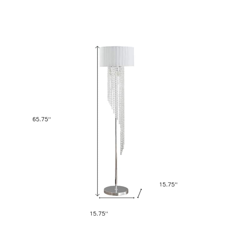 HomeRoots 66" Clear And Silver Crystal And Metal Floor Lamp With White Linen Drum Shade