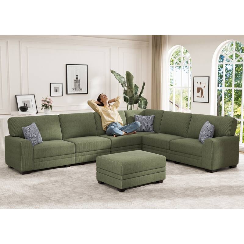 7 Piece Modular Corduroy Sectional With Ottoman
