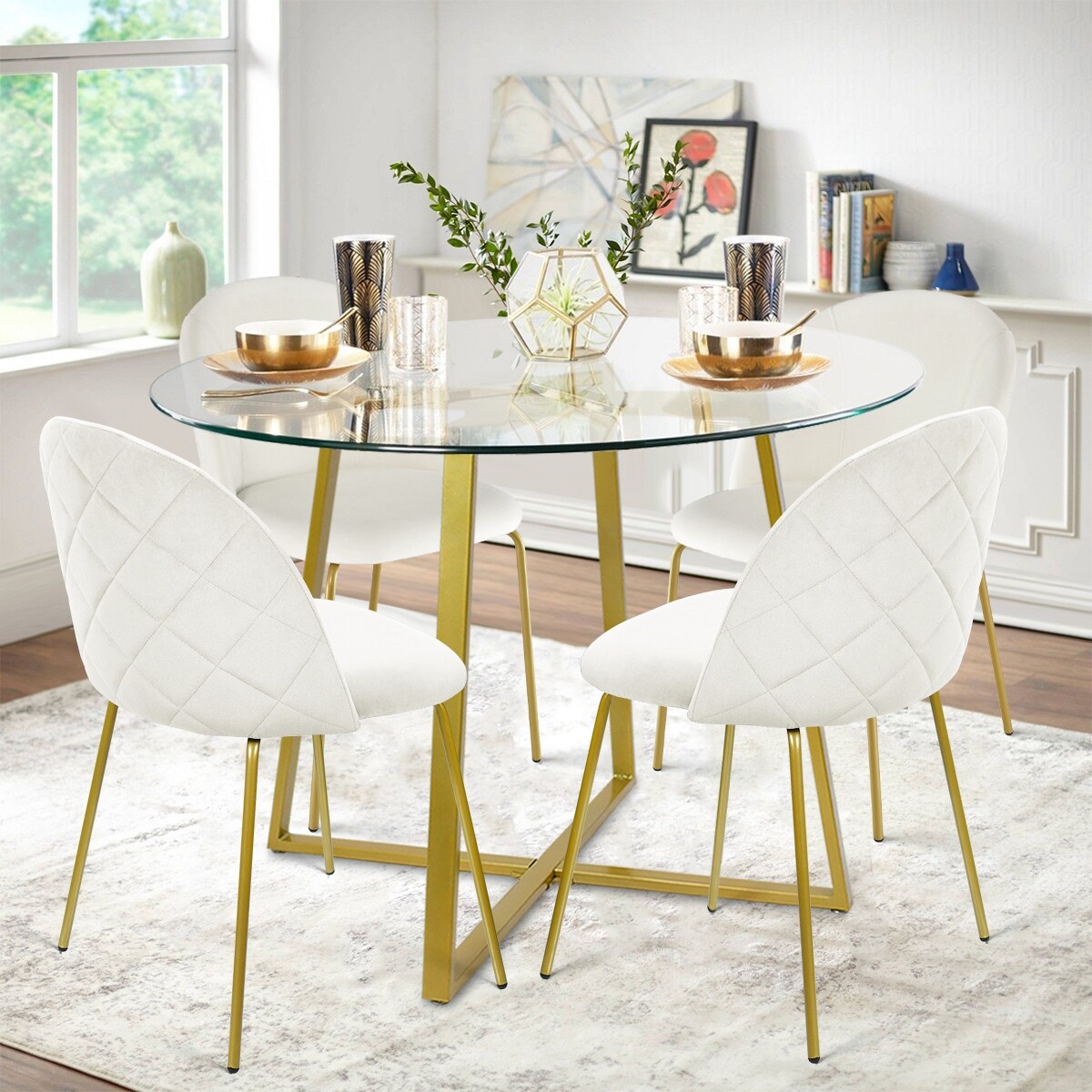 Glass table with velvet chairs sales