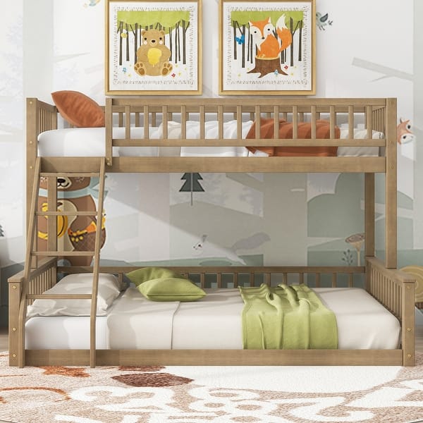 slide 2 of 12, 2 IN 1 Twin XL over Queen Bunk Bed with Ladder and Guardrails Walnut