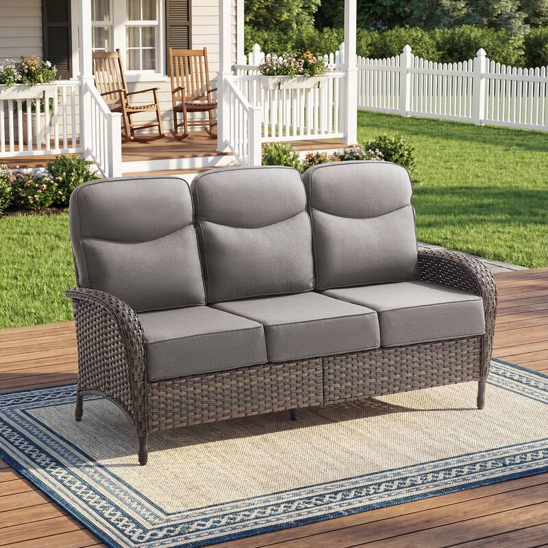 Pocassy Outdoor Sofa Swivel Chair and Ottman with Coffee Table - Brown Wicker Gray Cushion - Only 3-Seat Sofa