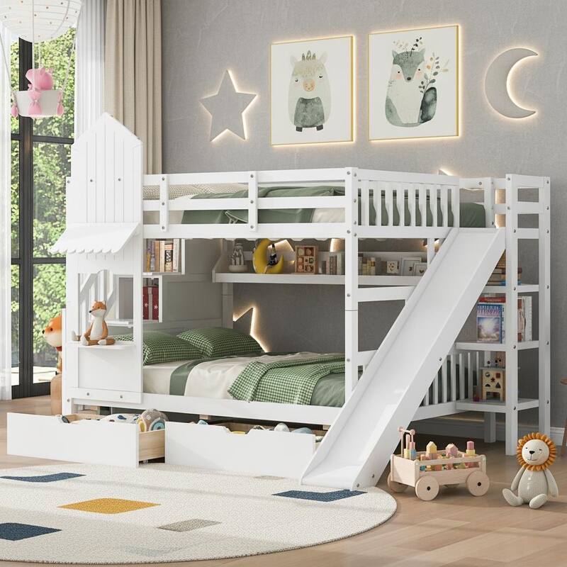 Merax Castle Style Bunk Bed with 2 Drawers 3 Shelves and Slide - White - Full