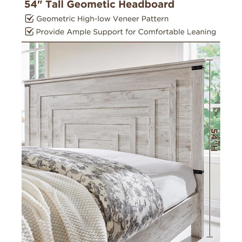 Farmhouse Wood Bed Frame with 54" Tall Headboard, 2 Large Drawers
