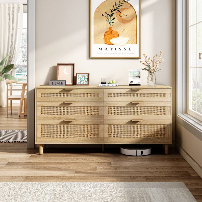 Rattan 6-Drawer Double Dresser with Metal Handle, Clothes Storage Cabinet for Bedroom