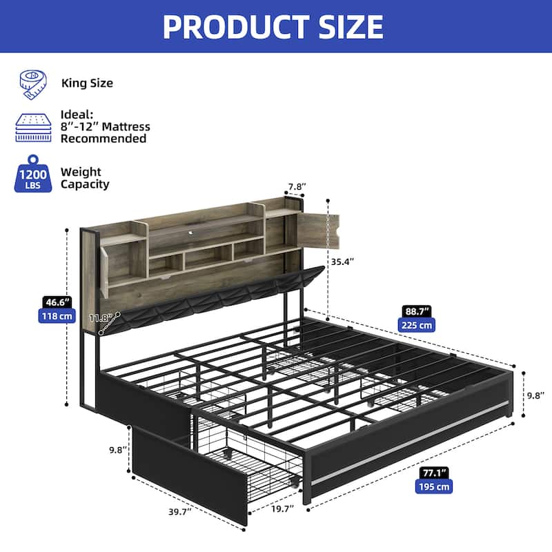 Queen/King Upholstered Bed Frame with RGB LED Lights & Storage Bookcase Headboard - Black&Oak - King