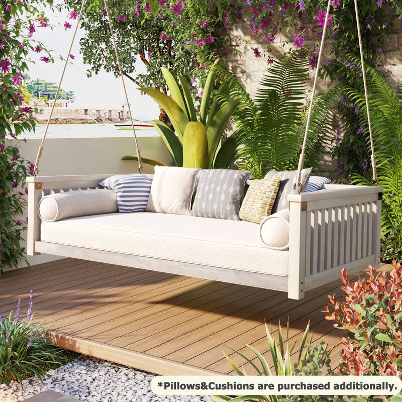 Patio Twin Size Garden Swing Bed Wood Porch Swing with Ropes