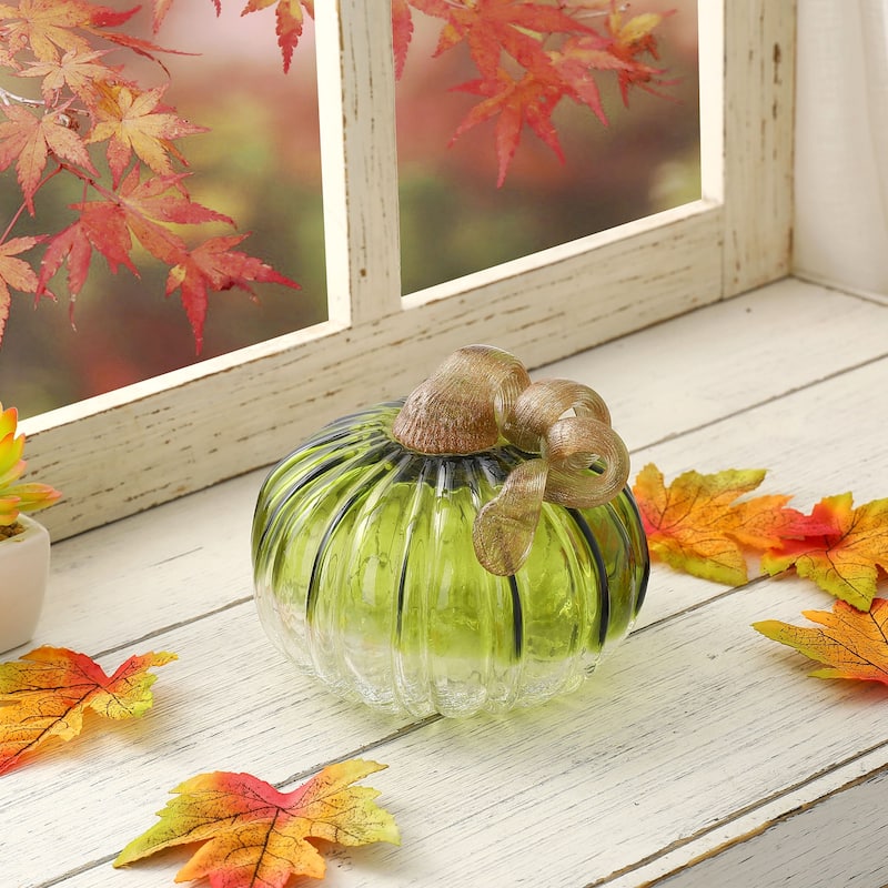 Glitzhome 6"D Green Amber Crackle Hand Blown Glass Pumpkins for Fall Harvest Halloween - Green