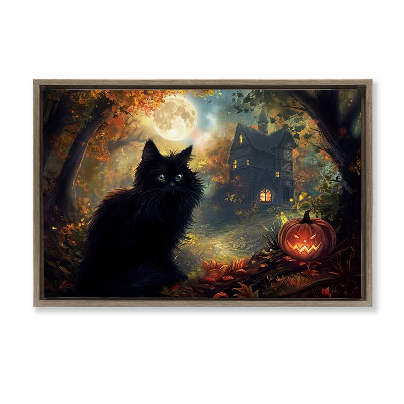 Stupell Black Cat & Haunted Mansion Framed Floater Canvas Wall Art Design By Wumples - 31 x 21 - Brown