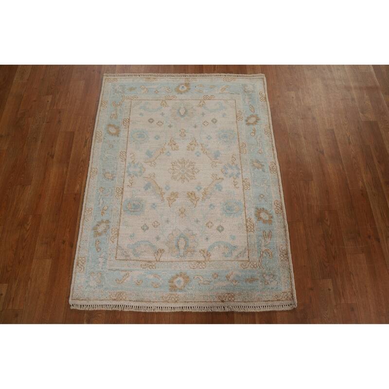 Hand Knotted Oriental 100% Wool Carpet Transitional Geometric Beige & Ivories Oushak Area Rug - 3' 11'' X 2' 11''