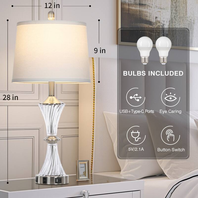 White Spiral Hourglass style Glass Table Lamps (Set of 2) - 12'' x 12'' x 28'' (L x W x H)