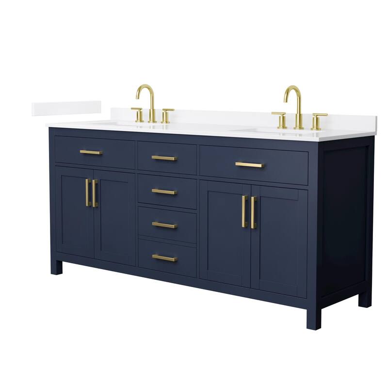 Wyndham Collection WCG2424-72D-QTZ-US3MXX Beckett 72" Free Standing - Dark Blue / White Quartz Top / Brushed Gold