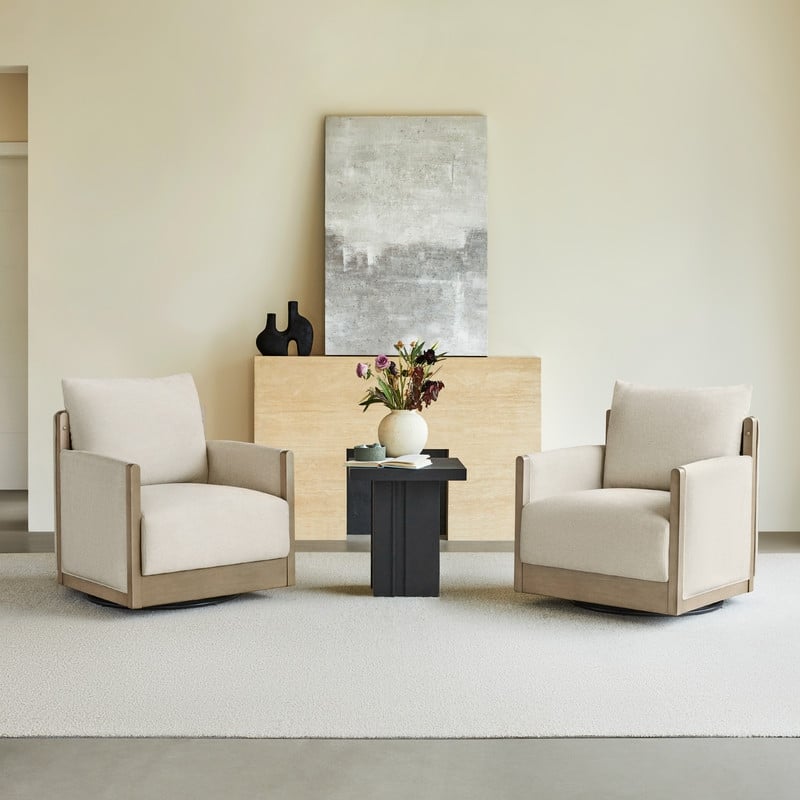 Carina Upholstered Swivel Accent Barrel Chair with Wood Frame - Set of 2 - Linen&Grey Wood