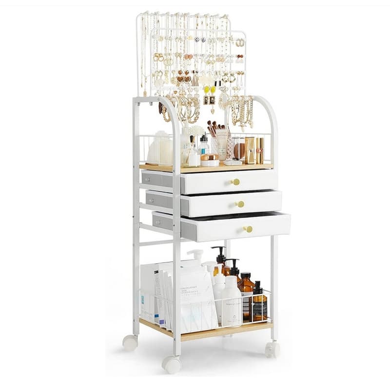 Large Jewelry Stand with 3 Jewelry Box Drawer - 11.02"D x 13.07"W x 38.98"H - White