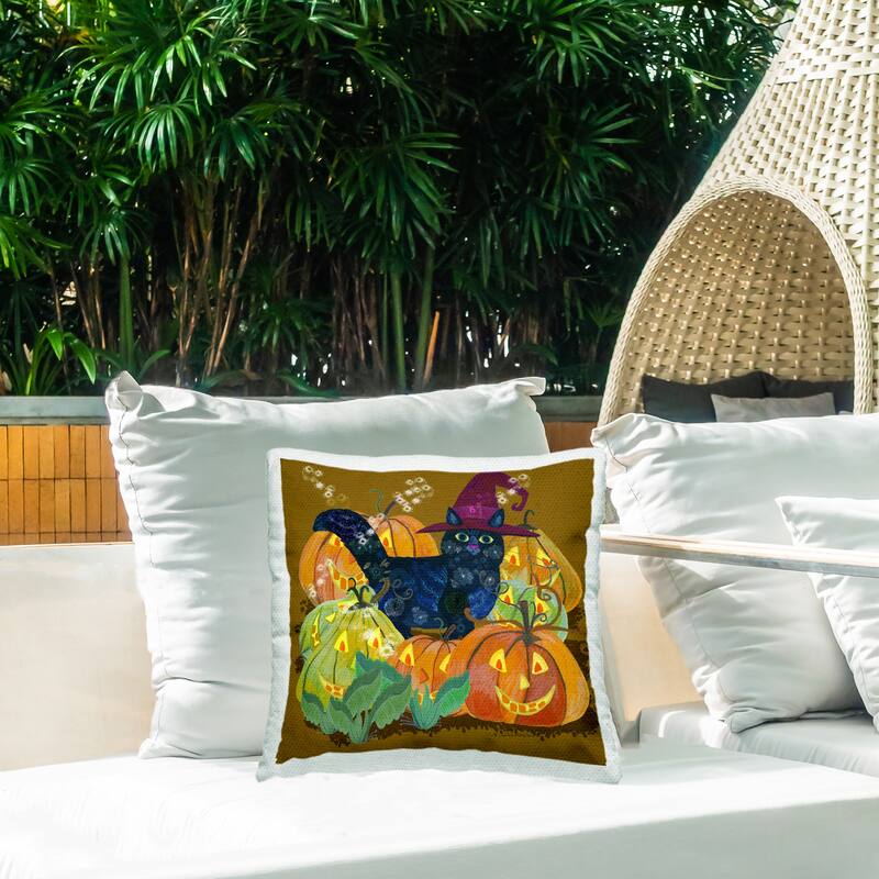 Stupell Cat with Jack-o-Lanterns Printed Outdoor Throw Pillow Design by Kay Widdowson