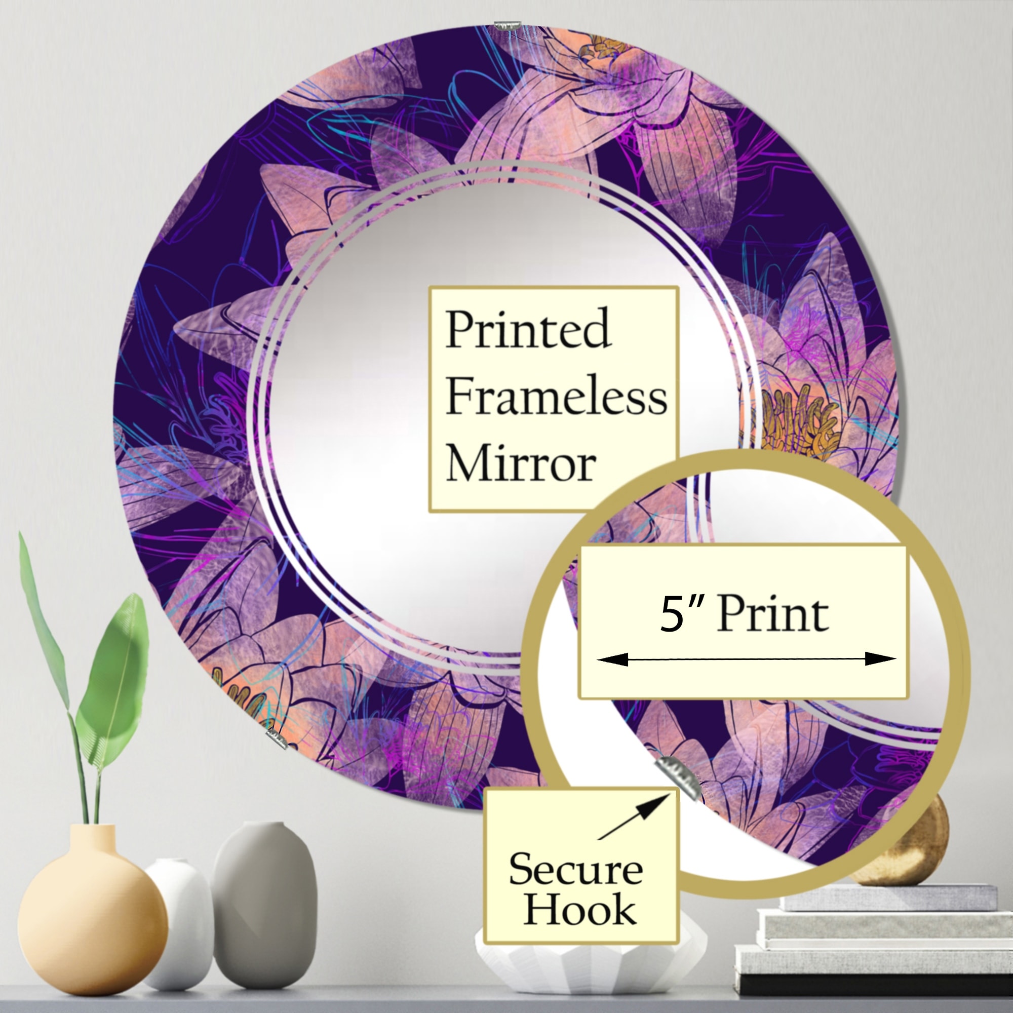 Designart 'Fuchia Lotus Flowers On Purple' Printed Traditional Wall Mirror  - Bed Bath & Beyond - 35896226