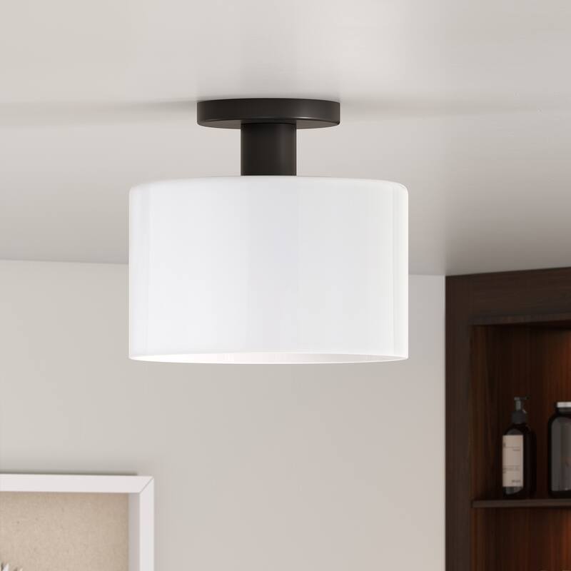 Henri Semi Flush Mount Ceiling Light - Matte Black with White Milk Glass