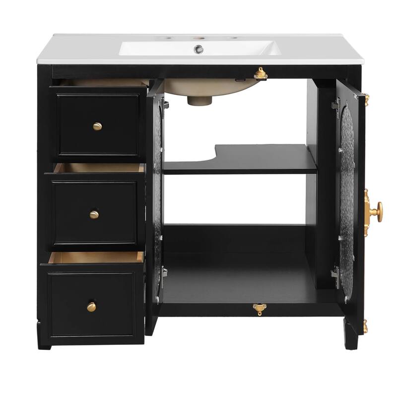 36-inch Bathroom Vanity with 2 Soft Close Doors, Solid Wood Frame Modern Bathroom Storage Cabinet with 3 Drawers