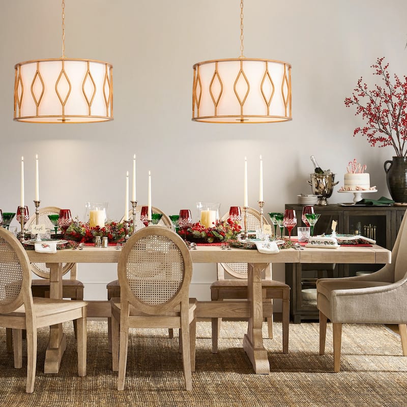 4-Light Industrial Farmhouse Antique Gold Drum Pendant Light with White Fabric Shade - 23.62 in. W x 16.54 in. H