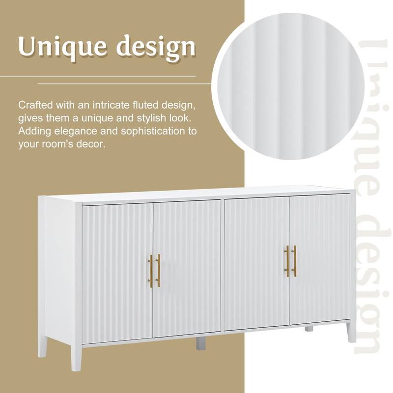 63" Modern Sideboard with 4 Wavy Slatted Doors, Pine Wood Legs, and Metal Handles for Dining or Entryway Storage