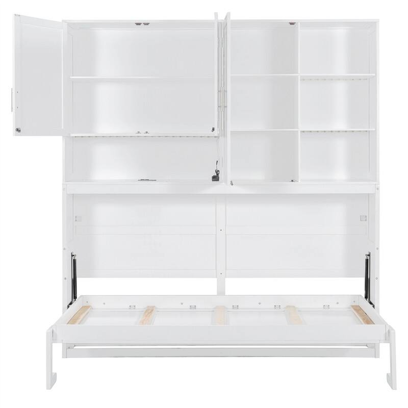Twin Size Murphy Wall Bed with Top Cabinet and Light, Space Saving Foldable Murphy Cabinet Bed with USB Ports & Storage Shelves