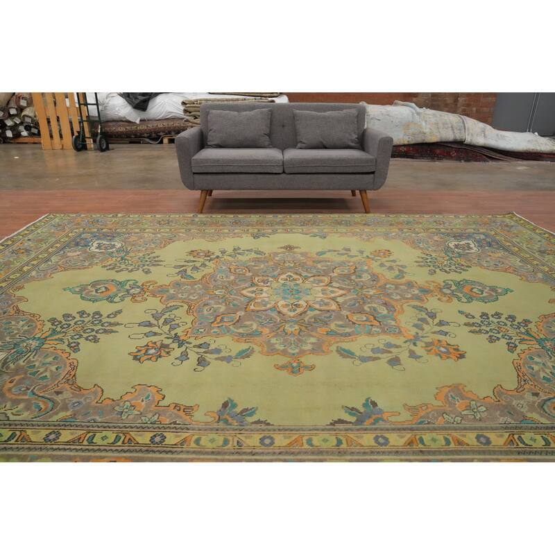 Hand Knotted Oriental 100% Wool Carpet Traditional Floral Green Tabriz Area Rug - 12' 4'' X 9' 5''
