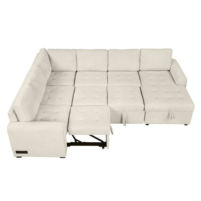 Convertible Sectional Sleeper Sofa with Pull Out Bed, Storage Chaise & Charging Devices, Oversized Corduroy U-Shaped Cloud Sofa