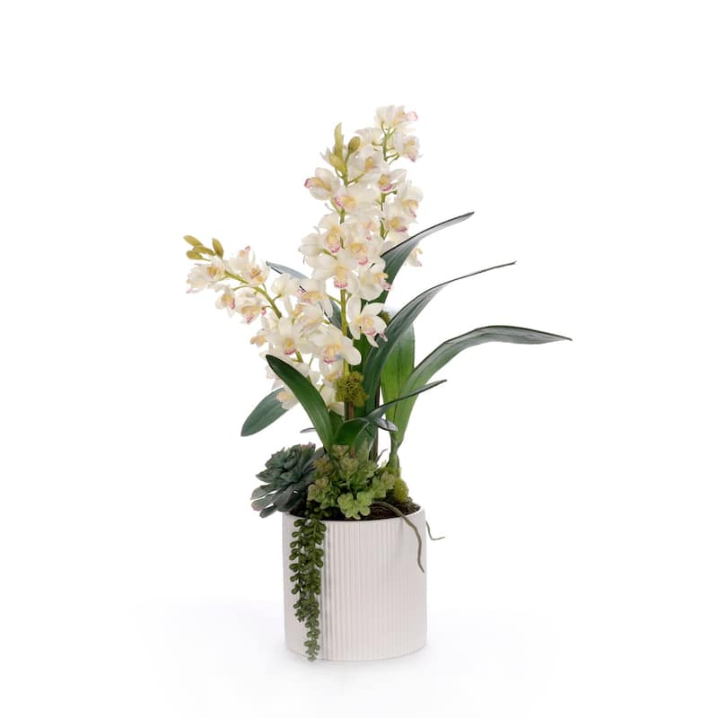 Real Touch White Cymbidium Orchid Arrangement in White Pot