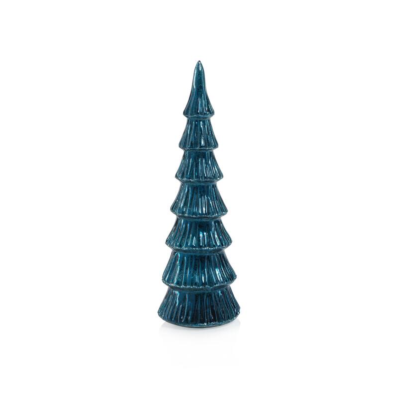 Lior 12.5" LED Glass Tabletop Holiday Trees, Set of 2 - Blue with Silver Trim