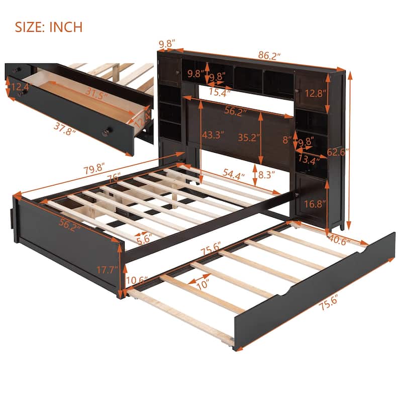 Full Size Wooden Bed With All-in-One Cabinet