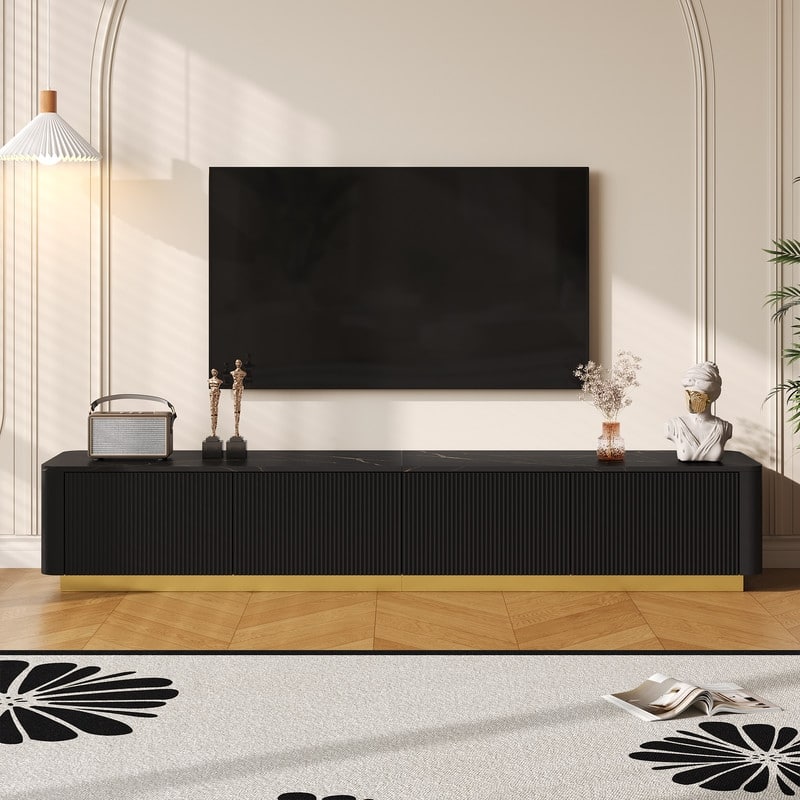 Luxury Fluted TV Stand for 85" TVs - Faux Marble Console with Gold Base & Curved Design - Black