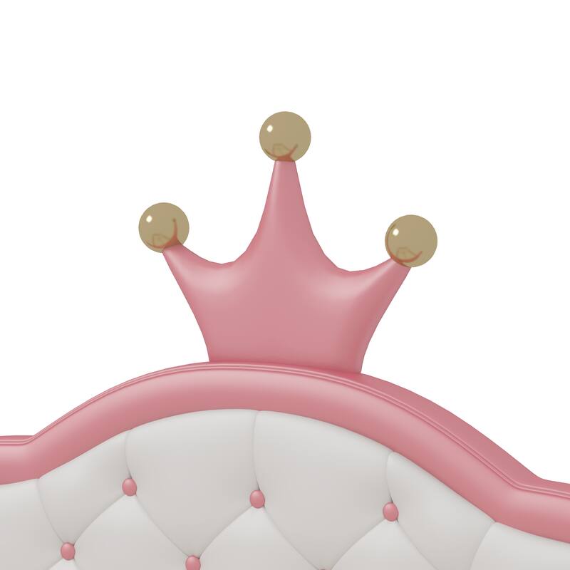 Crown-Shaped PU Leather Princess Bed with Tufted Headboard, Full Size Pink & Cream
