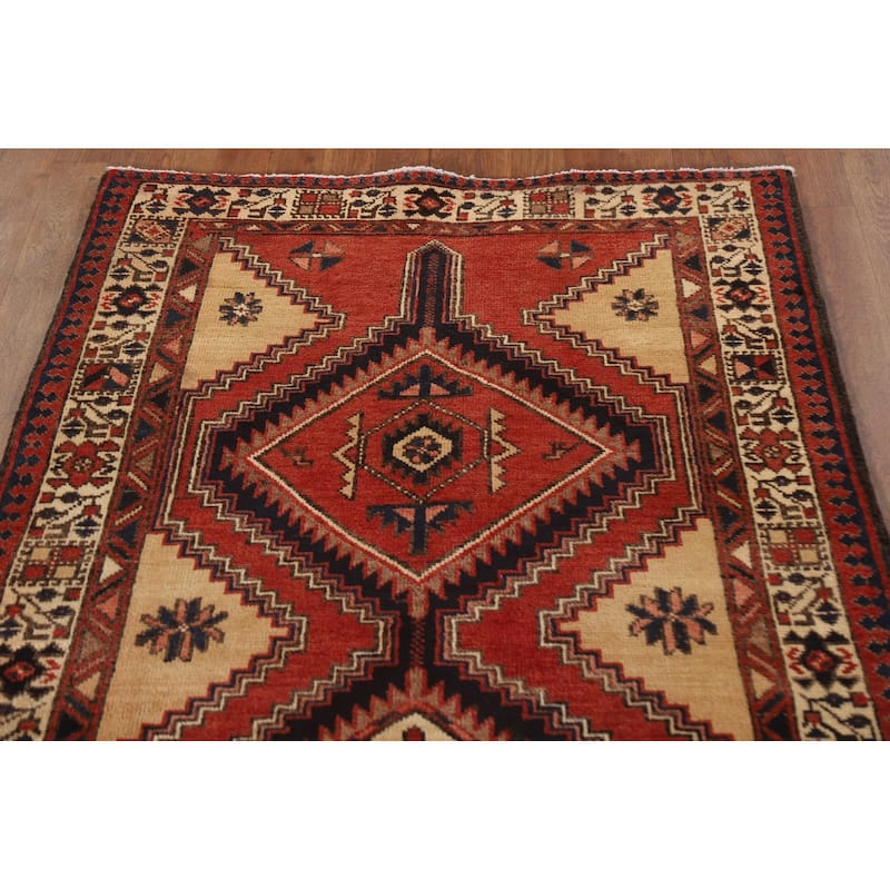 Geometric Red Ardebil Persian Vintage Runner Rug Handmade Wool Carpet - 3'6"x 10'7"