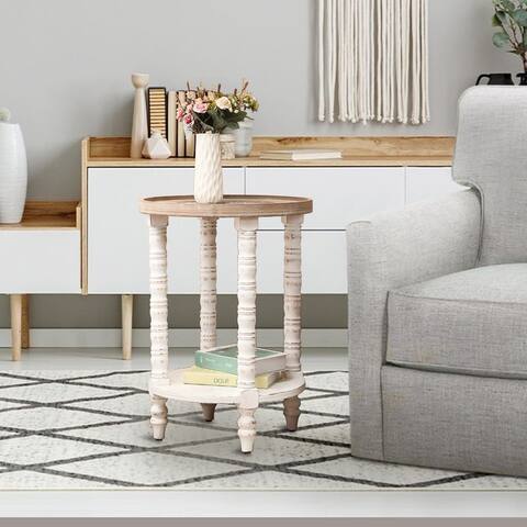 The Gray Barn Dullahan Road Distressed White and Natural Wood Round Accent Side End Table with Storage