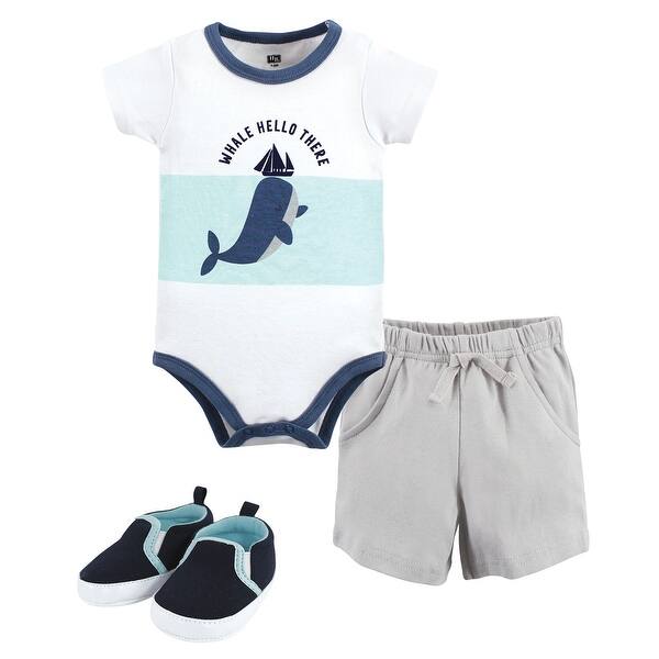 slide 1 of 1, Hudson Baby Infant Boy Cotton Bodysuit, Shorts and Shoe Set, Underwater Whale 0-3 Months - Underwater Whale