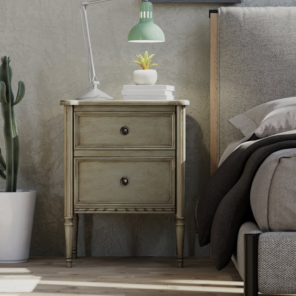 COZAYH Farmhouse 2 Drawer Nightstand with Hidden Drawer, Antique Green Finish, Solid Pine Wood with MDF Drawers